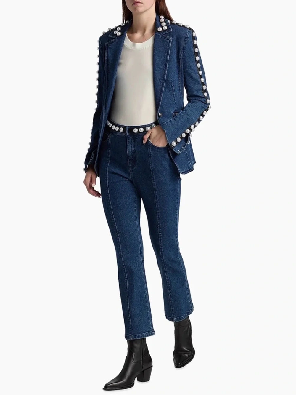 Cinq a Sept Pearl-Trim Dark Blue Denim Blazer - Women - Picture 5 of 5